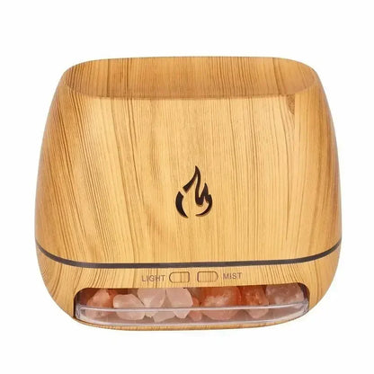 Wood Grain Himalayan Salt Aroma Humidifier & 3D Flame Diffuser with Night Light